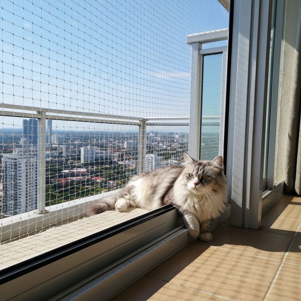 Cat safely on balcony with safety netting