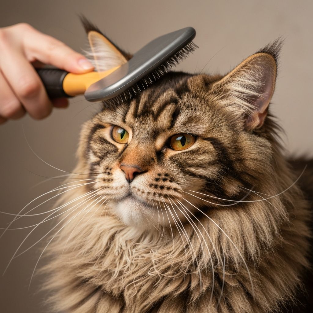 Cat being brushed with a slicker brush
