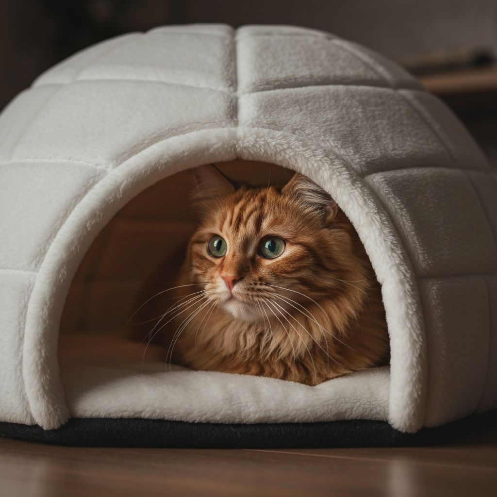 Cat peeking out from cave bed