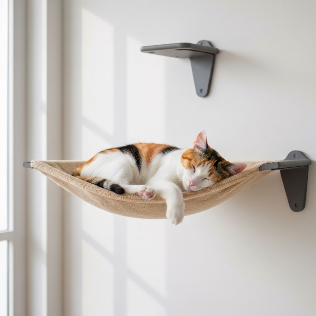 Cat sleeping on elevated cat hammock