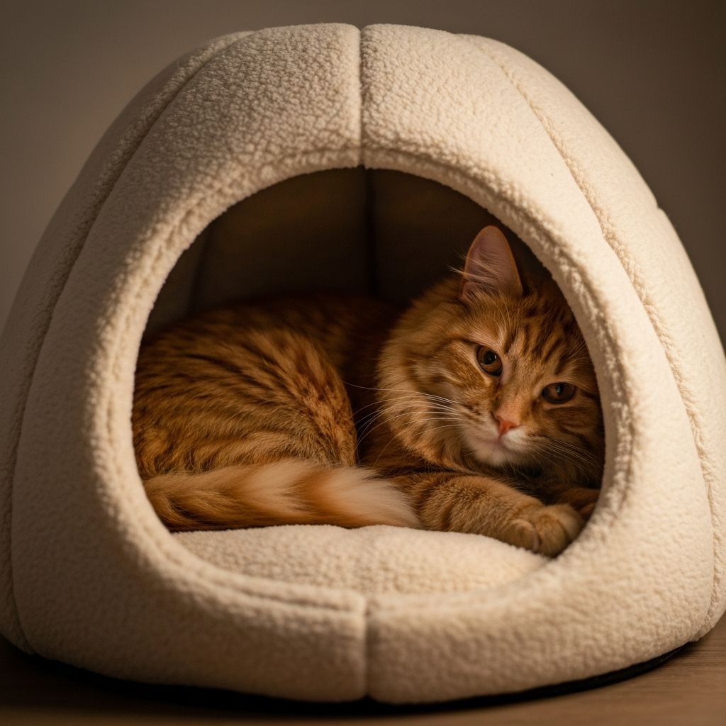Cat sleeping in cozy enclosed cat bed