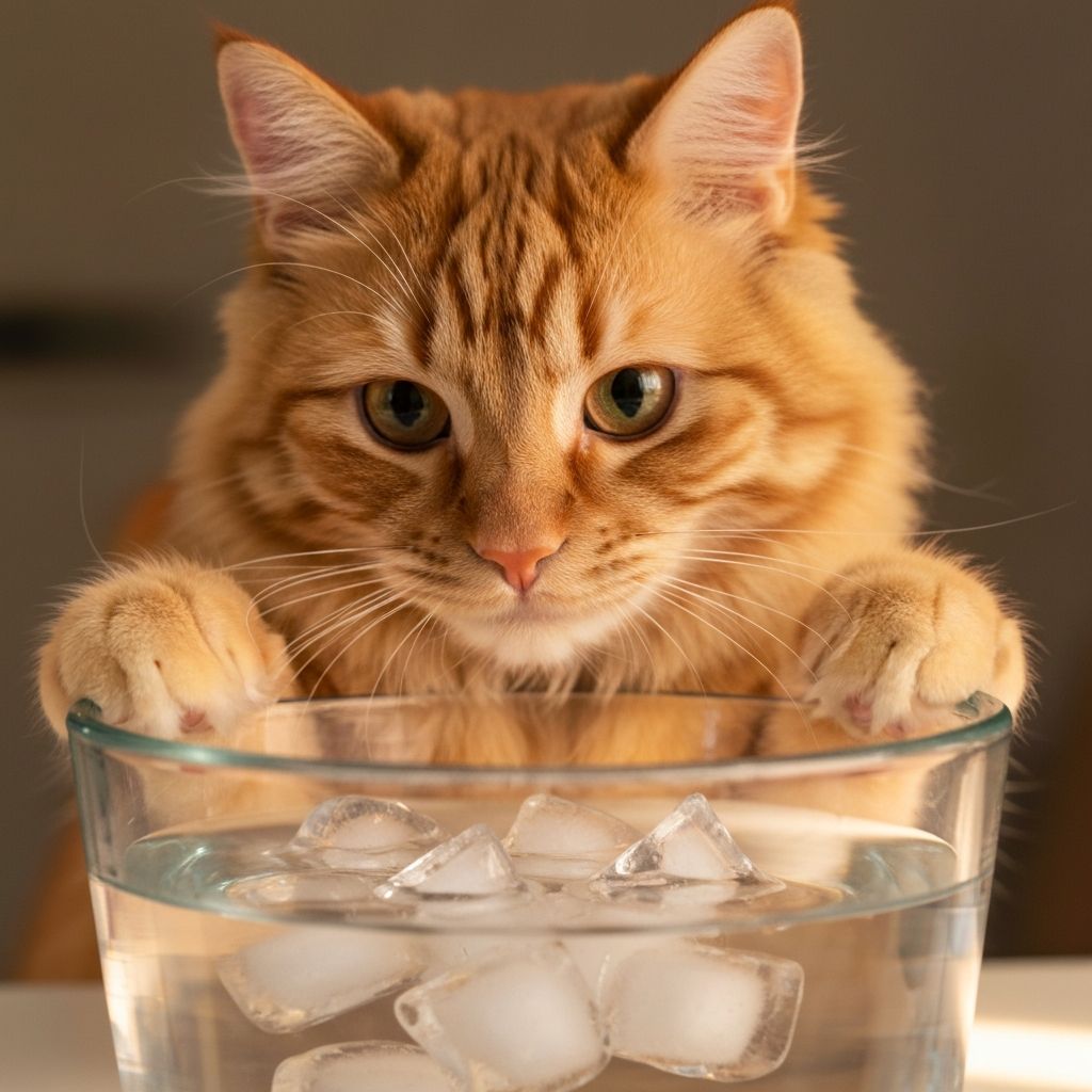 Cat watching ice cubes in water bowl