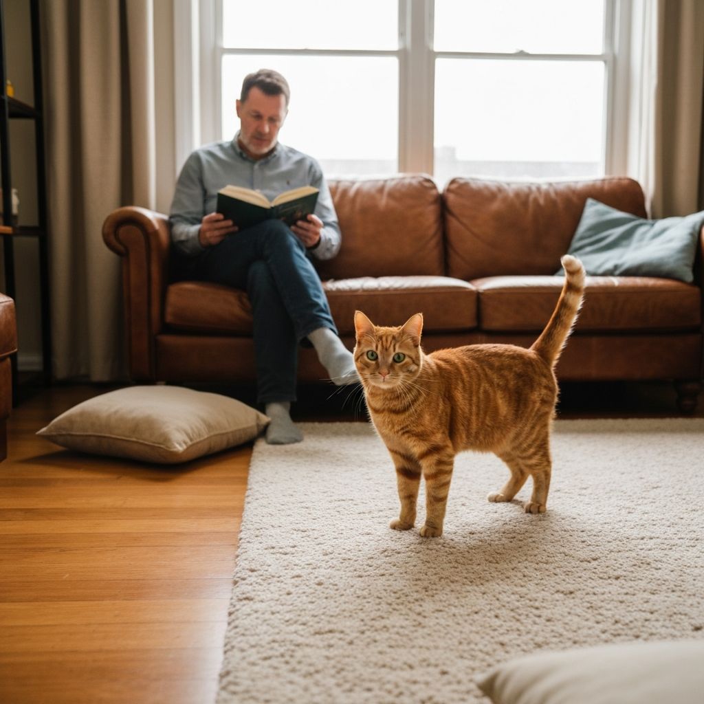 Cat observing guest from safe distance