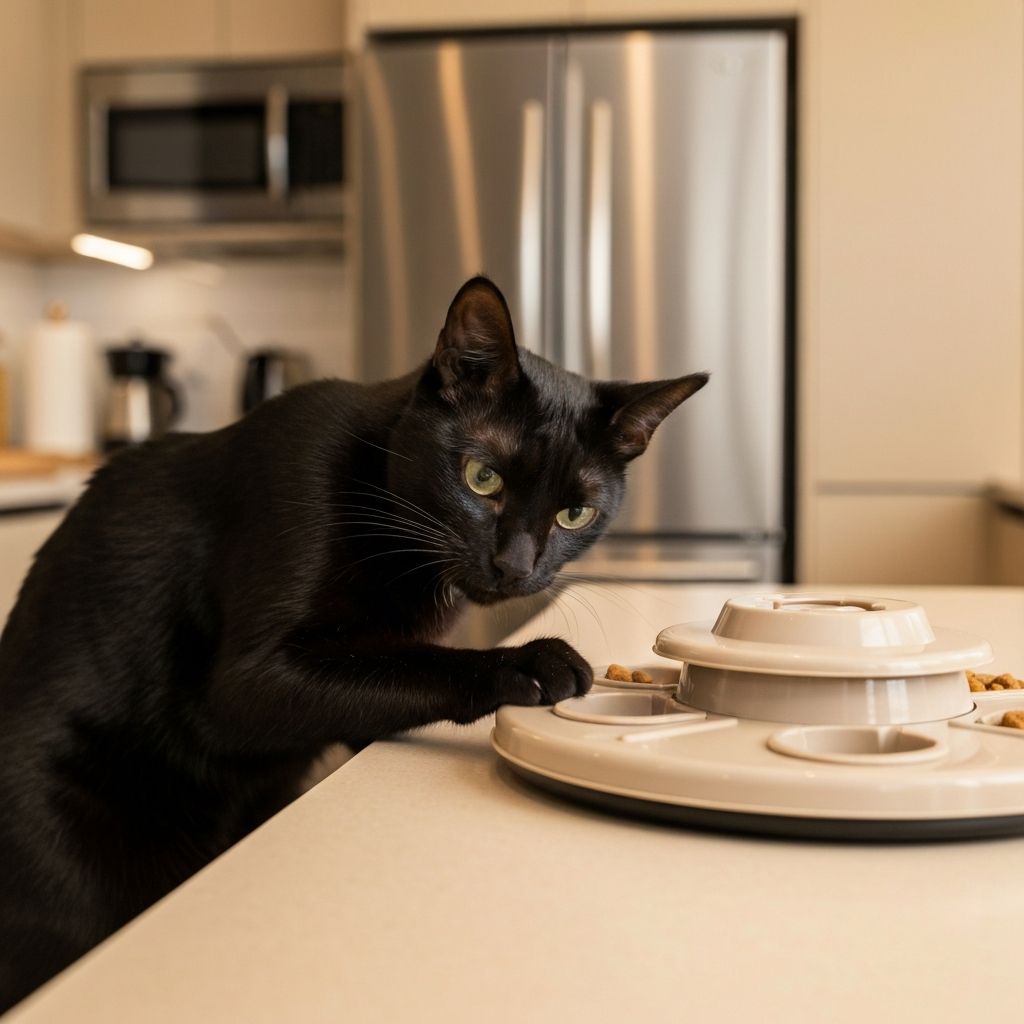 Cat using puzzle feeder toy