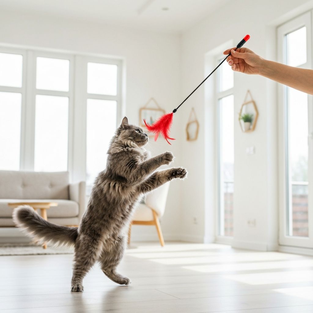 Cat playing with feather wand toy