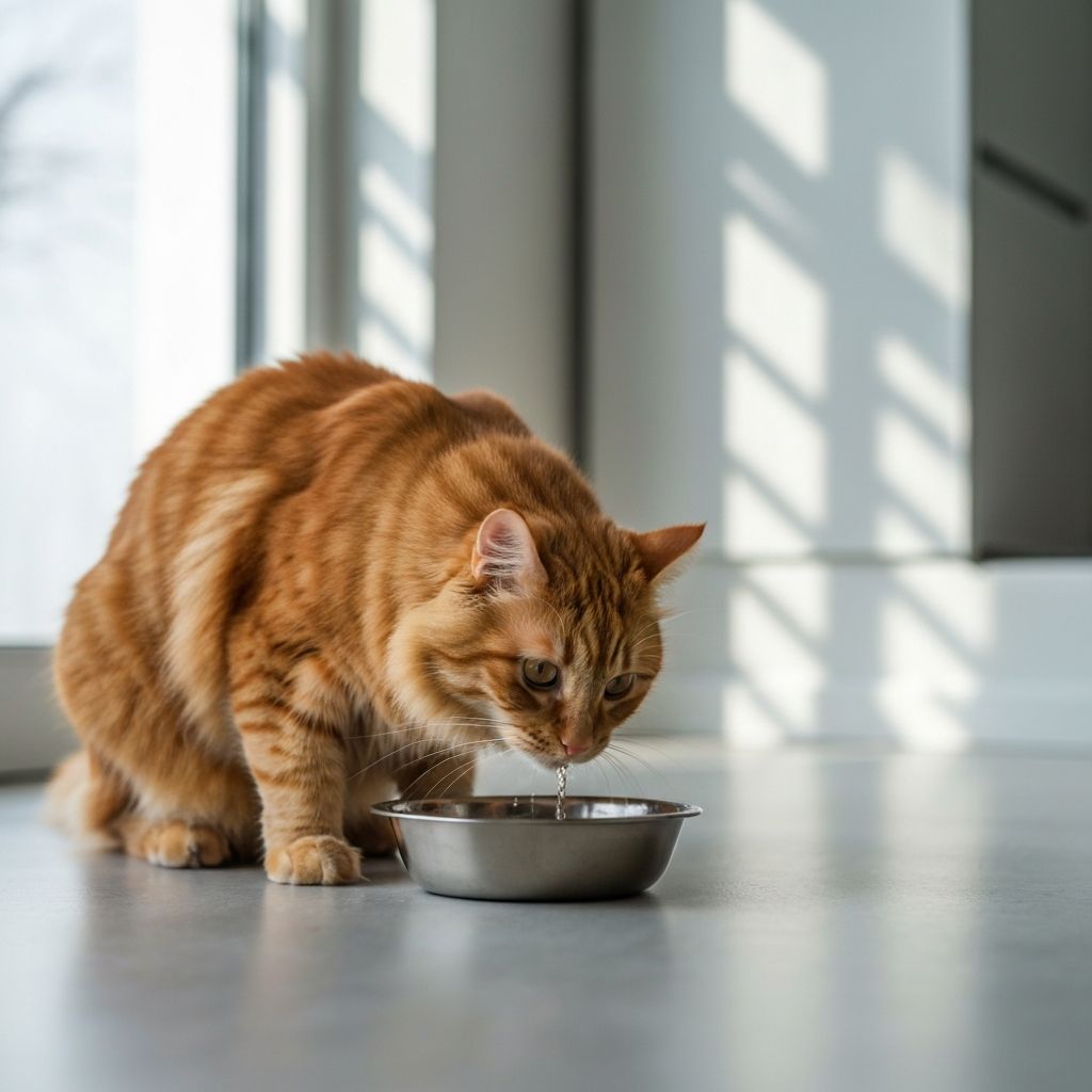 Cat drinking from water bowl placed away from food