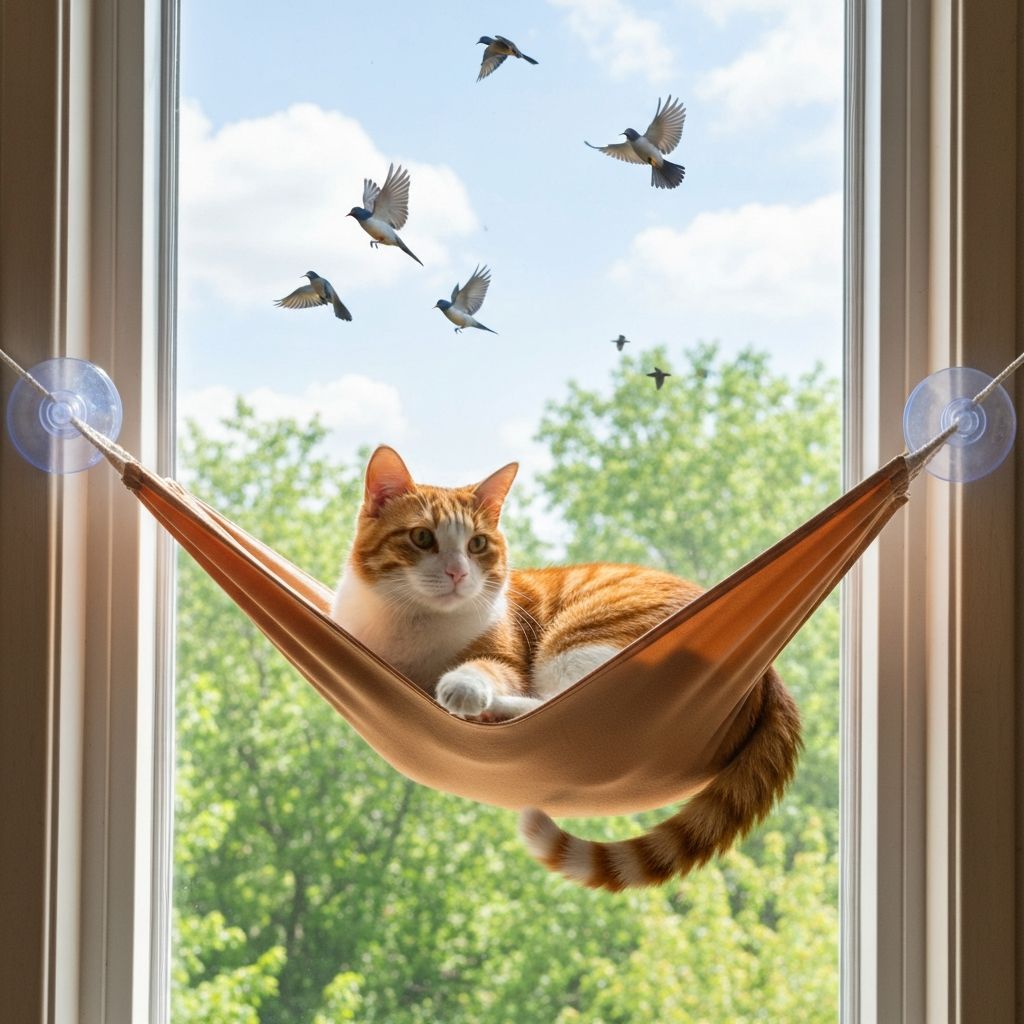 Cat lounging on window hammock