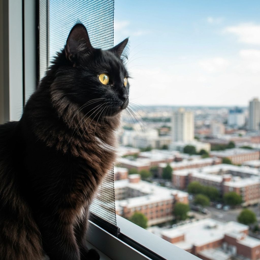 Cat safely looking out window with pet screen